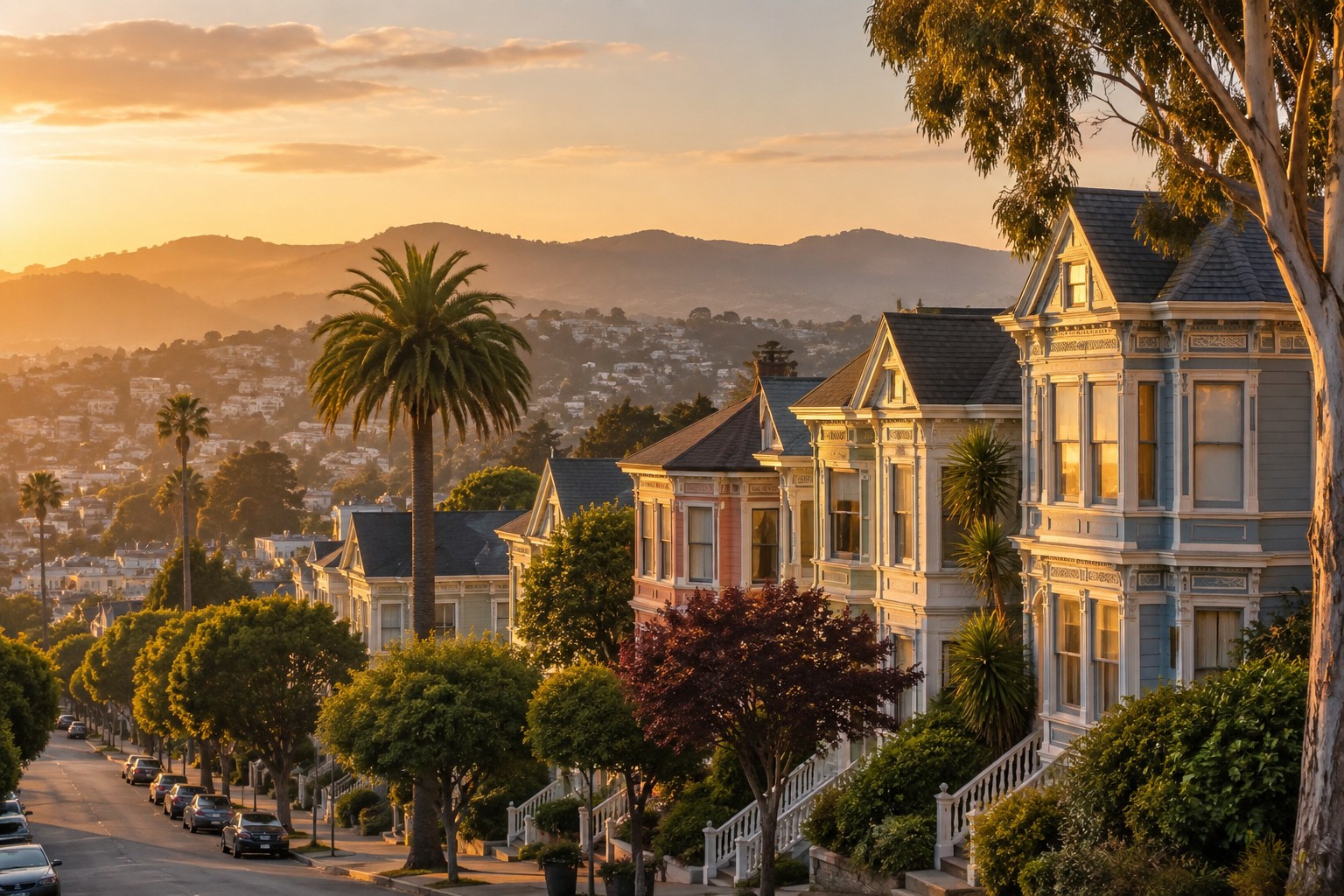 A San Francisco Bay Area neighborhood street at golden hour, illustrative