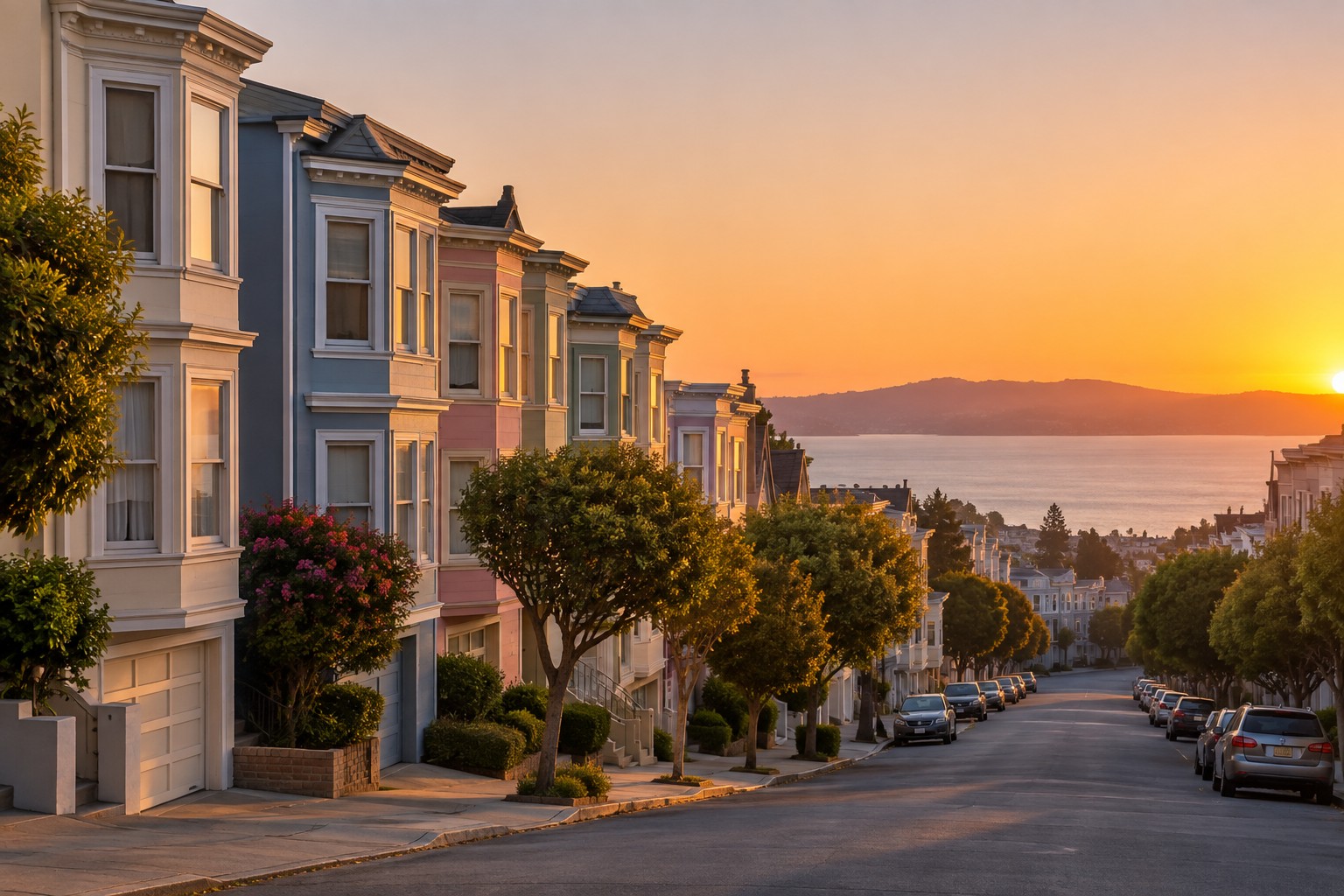 A San Francisco Bay Area street at sunset, illustrative