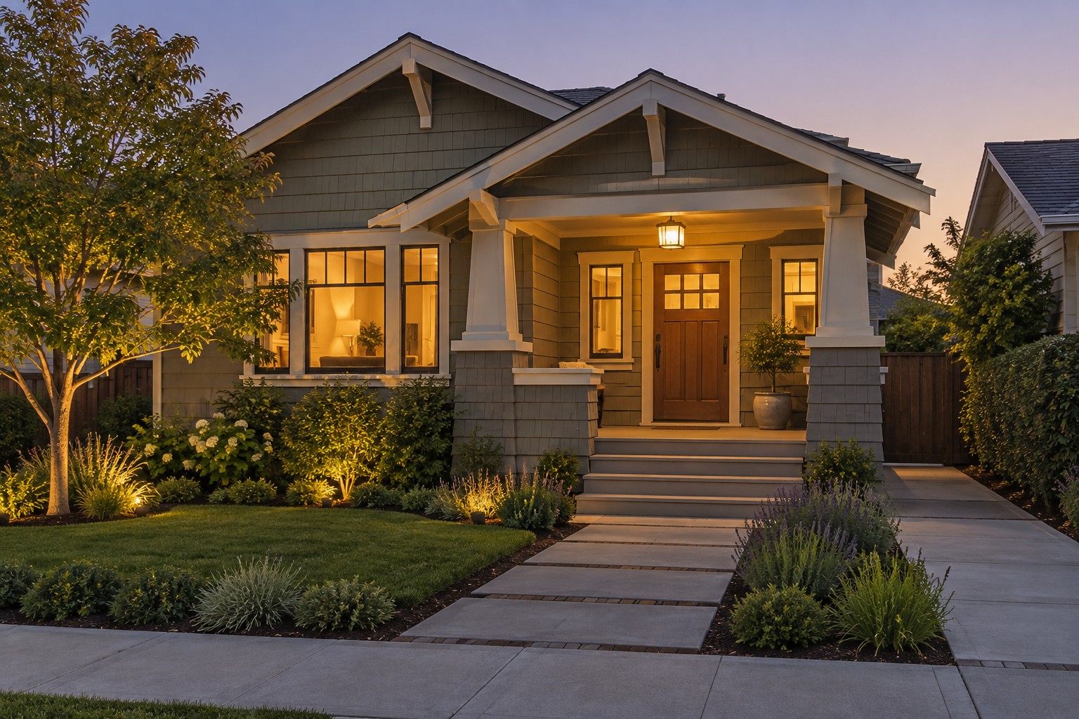 A Bay Area home exterior at dusk, illustrative